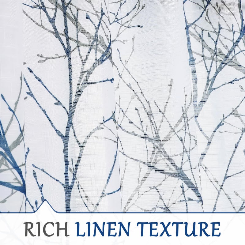 FMFUNCTEX Linen Semi Sheer Curtains for Bedroom, Blue White Curtains 63 Inches Long for Living Room, Grey Tree Branch Patterned Curtain Light Filtering Farmhouse Window Drapes, Grommet Top 2 Panels - Image 4